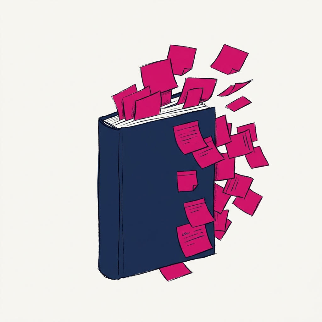 Un libro con notas adhesivas desbordando todas las páginas — el rastro visible de una lectura intensa
